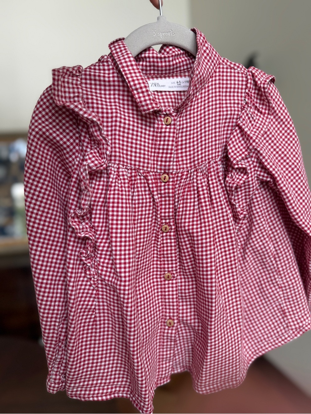 Zara Baby Red and White Gingham Ruffle Shirt